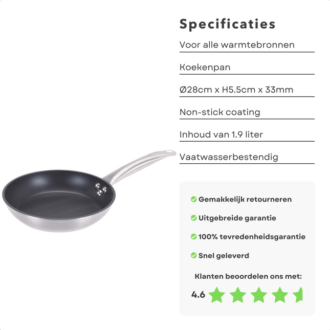 Cheqo® Koekenpan - Bakpan - Alle Warmtebronnen - Ook voor Inductie - Ø28cm x H5,5cm - Aluminium Koekenpan