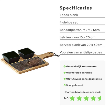 Cheqo® Tapas Plank - 4 delige set - 2 Kommen 9x9x5cm - Leisteen - 10x20cm - 1 Bamboe Serveerplank 20x30cm - Anti Slip Voetjes - Borrelplank - Serveerplank - Tapasplank Serveerplanken