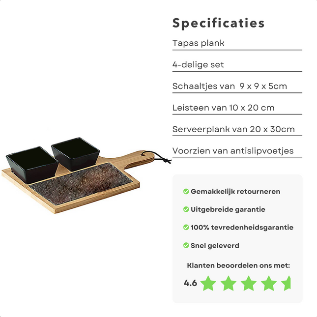 Cheqo® Tapas Plank - 4 delige set - 2 Kommen 9x9x5cm - Leisteen - 10x20cm - 1 Bamboe Serveerplank 20x30cm - Anti Slip Voetjes - Borrelplank - Serveerplank - Tapasplank Serveerplanken