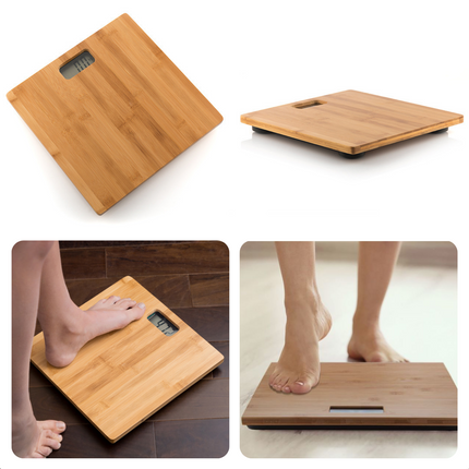 Cheqo® Digitale Personenweegschaal van Bamboe - Weegschaal Digitaal - 30x30x3cm - 180kg - Anti-Slip Noppen - 2x AAA Batterijen Personenweegschaal