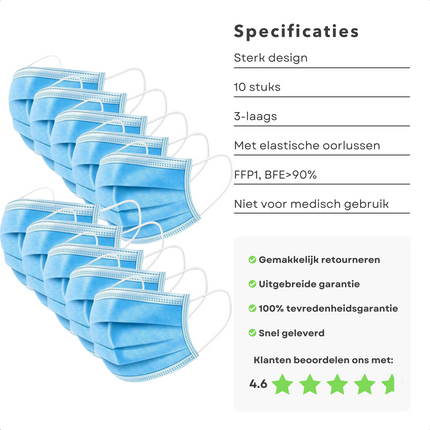 Cheqo® 3-laags Mondkapjes - 10 stuks - Niet voor Medisch Gebruik - FFP1 - BFE>90% - Voor Eenmalig Gebruik - Met Elastische Oorlusjes - Mondmaskers Mondkapjes