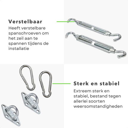 Cheqo® Bevestigingsset Zonnezeilen en Schaduwdoeken - 6 Delig - Ophangset voor Schaduwdoek - 2x Karabijnhaken, 2x Spanhaken, 2x Plaat met Oog - Zonneluifel - Zware Uitvoering Schaduwdoek bevestigingsmateriaal