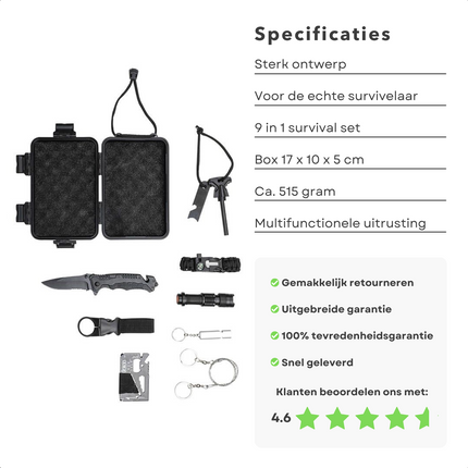 Cheqo® 9-Delige Survivalset - Survivalkit - Noodpakket - Multifunctionele Armband - Zakmes - Kaart - Zaklamp - Waterbestendig - Schokbestendig - 17x10x5cm - 515 gram Survivalset