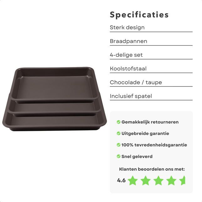 Cheqo® 4 Delige Braadslede Set - Ovenschotels - Braadslee Set - Koolstofstaal - Chocolade/Taupe - Non-Stick/Krasvast - Met 1 Nylon Spatel Braadslede