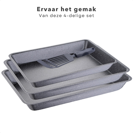 Cheqo® 3-Delige Braadslede Set - Braadsledes - Ovenschaal - Marble Coating - Met Spatel - 3 Formaten Ovenschalen