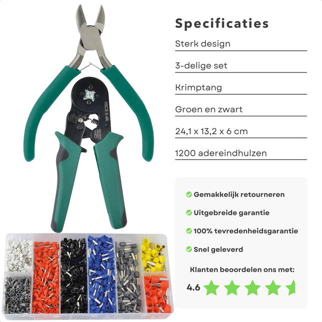 Cheqo® Krimptang Set met 1200 Hulzen - 200mm + Zijsnijtang 110mm - 1200 Adereindhulzen 0.25-10mm2 - Gelijkmatige Vierkantdruk - Ergonomisch - Antislipcoating - Adereindhulstang Krimptangen