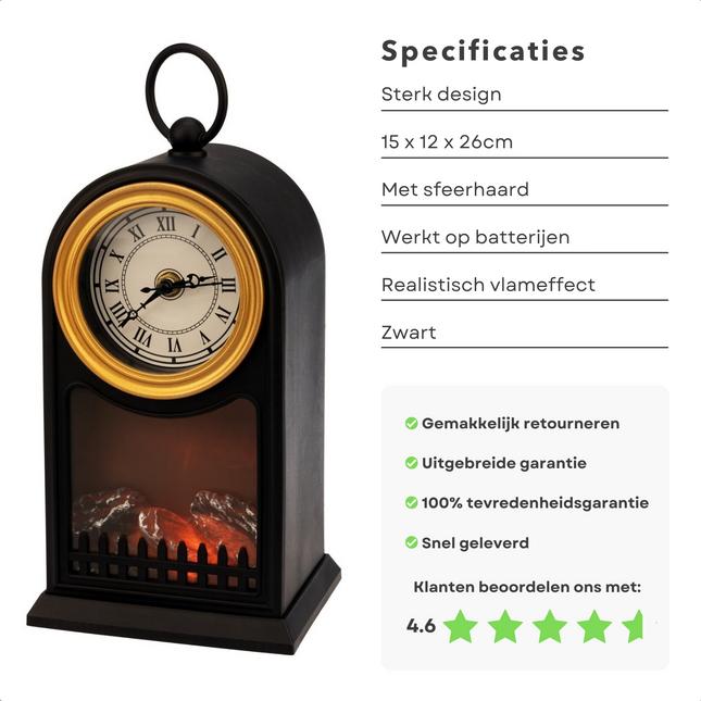 Cheqo® Sfeerlantaarn LED - Lantaarn - Haardlantaarn - 15x12x26cm - Realistische Vlammen - Met Klok - Op Batterijen Lantaarn