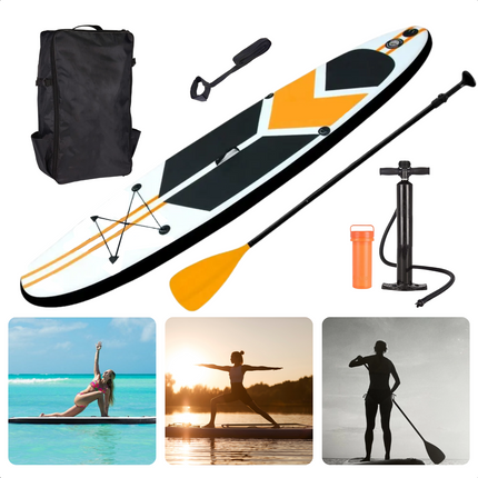 Cheqo® Complete SUP-Set - Opblaasbaar SUP Board - Stand Up Paddle Board - Ideaal voor Beginnende & Gevorderde Peddelsurfers - EVA Anti-Slip Bekleding - 150kg Max Belasting - Verstelbare Peddel - Met Handpomp & Reparatiekit - Oranje SUP Board