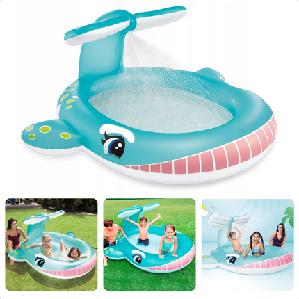 Cheqo® Opblaasbaar Zwembad - Kinderbad - Walvis - 2 Luchtkamers - Incl. Watersproeier & Reparatiemateriaal - Met Handig Uitloopventiel Opblaas Zwembad