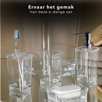 Cheqo® Badkamer Set 6 Delig - Badset - Kunststof - Beker, Zeepbakje, Zeep Dispenser, Tandenborstelhouder, Toiletborstelset, Afvalbak - Badkamer Accessoires Badset
