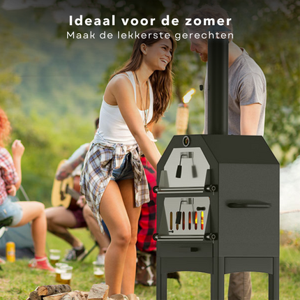 Cheqo® Pizza Oven - Pizzaoven voor Buiten - Houtskooloven - Pizzasteen - Barbecue - BBQ - Rookoven - Buitenkeuken met Wieltjes - Gepoedercoat Metaal - Houtskool-BBQ - Barbecue - 68x48x156cm - 34x24cm Grillrooster - 26kg - Met Pizzasteen Pizzaoven