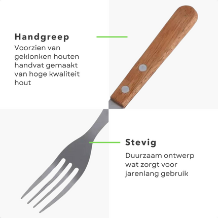 Cheqo® 6-delige Steakvorken Set - 19,5 cm - Roestvrij Staal & Houten Handvat - Perfect voor BBQ - Steak Vorken Vorken