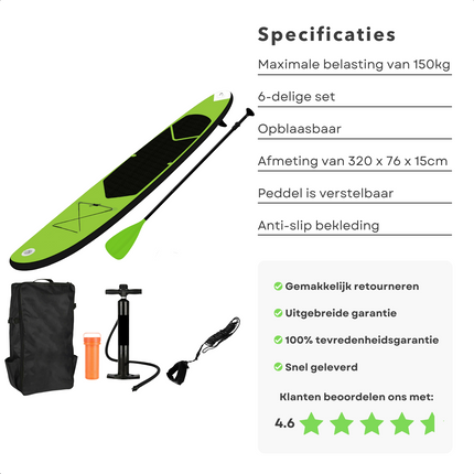 Cheqo® Complete SUP-Set - Opblaasbaar SUP Board - Stand Up Paddle Board - Ideaal voor Beginnende & Gevorderde Peddelsurfers - EVA Anti-Slip Bekleding - 150kg Max Belasting - Verstelbare Peddel - Met Handpomp & Reparatiekit SUP Board