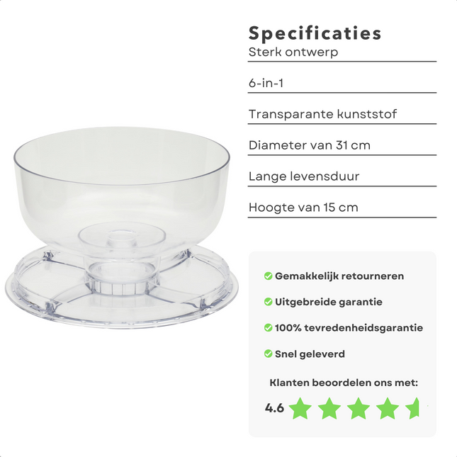 Cheqo® 6-in-1 Serveerschaal Set - 4 Vaste Vakken - Serveerset - Serveer Set - Dipschaal - Uitneembare Kom & Afneembare Kap - Kunststof - 31cm Diameter Serveerschaal