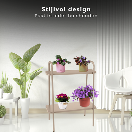 Cheqo® Metalen Bloemenrek - Plantenrek - Plantenhouder - Plantentafel - Taupe - 50x26x66cm - 2 Verdiepingen Plantenrekken