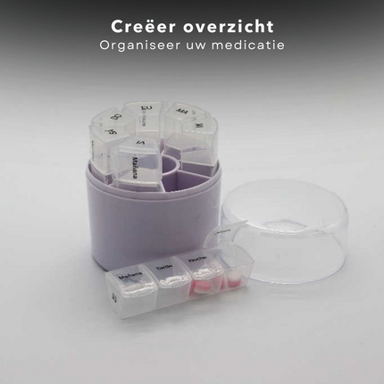 Cheqo® Pillendoos 7-daags - Doos met Medicijnen - Pillen Planner - Medicijndoos - 1-weekse Pillendoos - 7 Verwijderbare Compartimenten - 4 Vakken per Compartiment - Morgen - Middag - Avond - Nacht - Ø8.5cm - Hoogte 9.5cm. Pillendoos