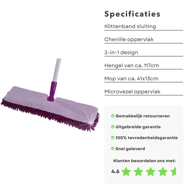 Cheqo® Premium Vloermop - 360° Roterende Mop - 2-in-1 - 40 cm - Microvezel - Vochtbestendig - Schoonmaakmiddelen - Mop - Dweil Mop
