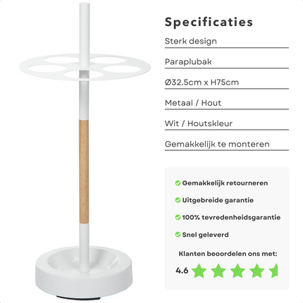 Cheqo® Paraplubak met Ruimte voor 5 Paraplu's - Parapluhouder - Houder voor Paraplu - Ø 32,5 cm - Hoogte 75 cm - Metalen Standaard met Houten Afwerking - Regenwater Opvangplaat - Makkelijk In Elkaar te Zetten Paraplubakken