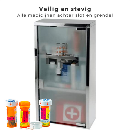 Cheqo® RVS Medicijnkastje met Slot - Afsluitbaar Kastje - Medicijnkast - Hangkast - Badkamerkast - 25x12x48cm Medicijnkastje