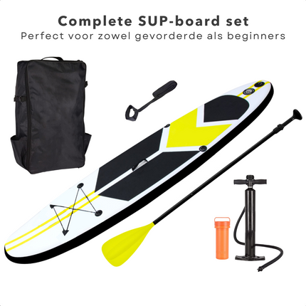 Cheqo® Complete SUP-Set - Opblaasbaar SUP Board - Stand Up Paddle Board - 320cm - 150kg - Double Layer - EVA Anti-Slip - Peddel - Handpomp - Surf Leash - Reparatiekit - 12kg - Lime SUP Board