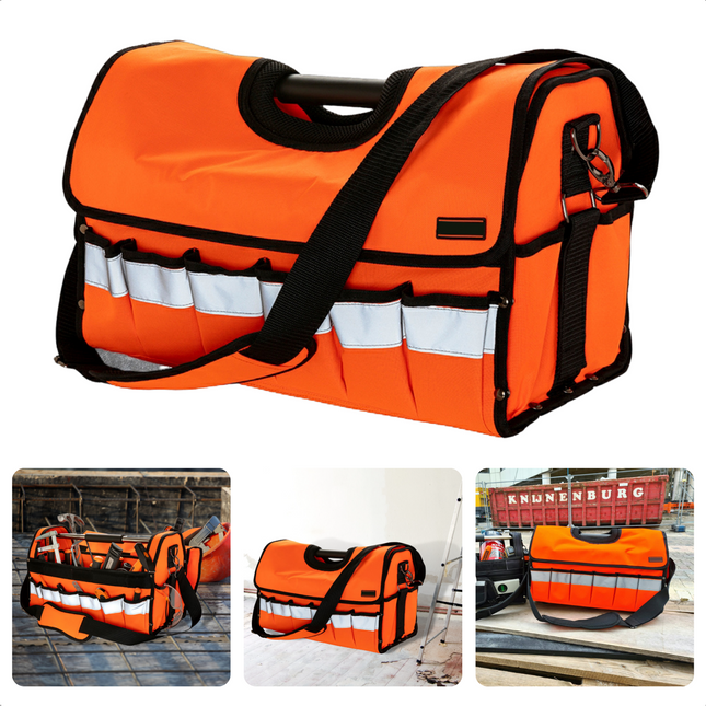 Cheqo® Gereedschapstas XXL - Solide Neon-Oranje 600D Polyester - Reflectiestrepen - 20kg - 50x22x31cm - Tapehouder - Metalen Cliphaak - Rubberen Bodem - Weer- en Vuilbestendig Gereedschapstas