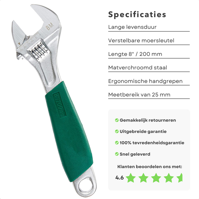 Cheqo® PRO Verstelbare Moersleutel 8" (200mm) - Hoogwaardig Staal - Geharde Bek - Schaalverdeling mm - Antislipgreep - 310g Moersleutel