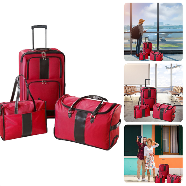 Cheqo® Kofferset - Koffer Set - Reisset - Trolleyset - Trolleykoffer 40.5x22x63cm - Trolleyreistas 33x25.5x50cm - Reistas 30x11x40.5cm - Telescopisch Handvat - Kogellagers - 2 Voorvakken - 600d Polyester - 6kg - Rood Kofferset