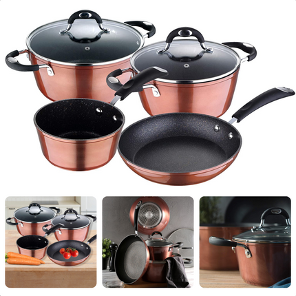 Cheqo® Luxe Pannenset 6-delig - Gesmeed Aluminium - Alle Warmtebronnen - Ook Inductie - 3-laags Marmer Coating - Koper Metallisch Coating - PFOA-Vrij - Met Koekenpan en Steelpannen - Kookpan Pannenset