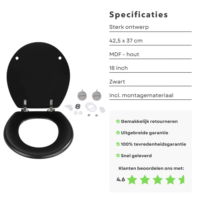 Cheqo® Toiletbril - WC Bril - Mdf-hout - Zwart - 42.5 x 37 cm - 18 inch - RVS Verbinding WC-brillen