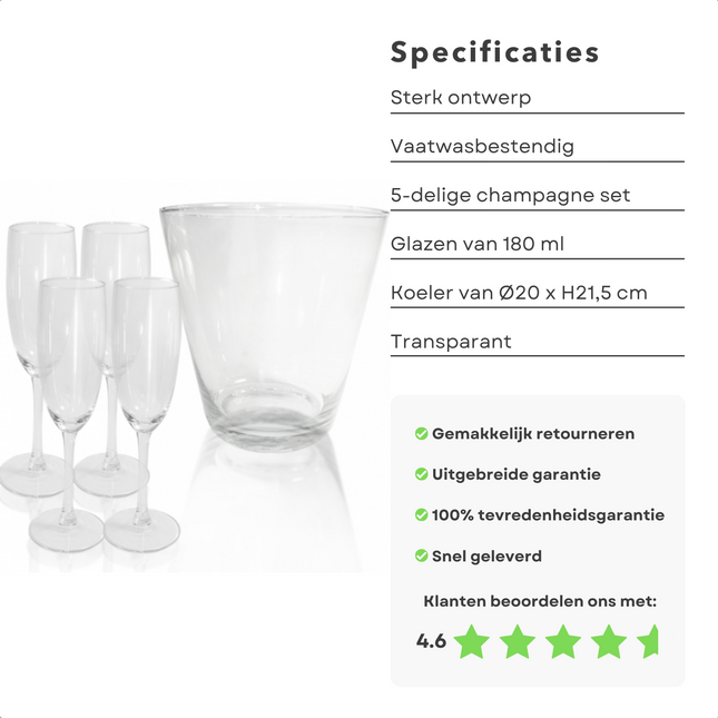 Cheqo® 5-delige Champagneset - 4 Champagneglazen (18cl) & Champagnekoeler (ø20xh21,5cm) - Champagneglas Set - Wijnkoeler - IJsemmer Champagneglazen