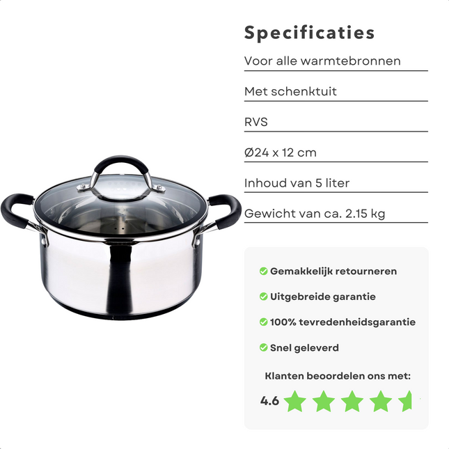 Cheqo® Kookpan voor Inductie - RVS - Ø24 - 5L - Met Deksel - Inclusief Schenktuit - Siliconen Handvatten - Maataanduiding - Geschikt voor Alle Warmtebronnen - 2.15 kg Kookpan