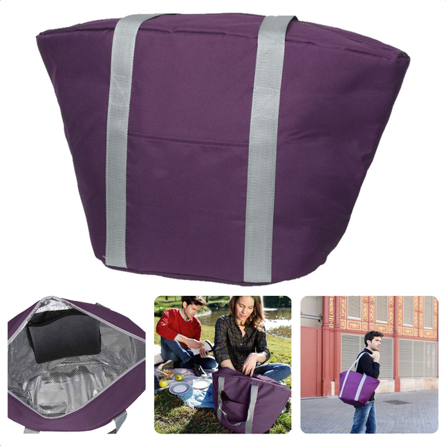 Cheqo® Geïsoleerde Koeltas - 22,3 liter - Paars - Isolerend - Thermische Binnenkant - Dubbel Handvat - Rits - 18,5 x 18 cm - Verstevigde Bodem - Voor Picknick & Boodschappen Koeltas