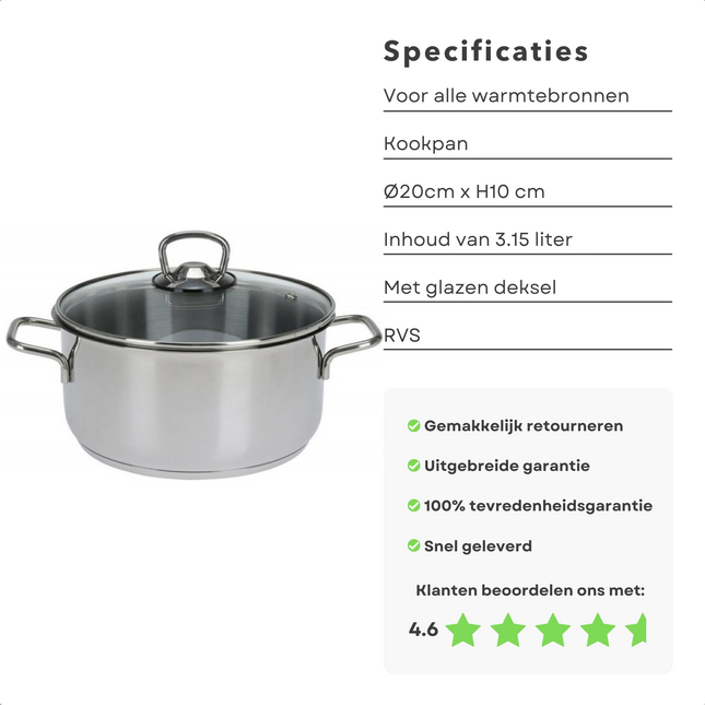 Cheqo® Kookpan - 20 cm - 3.15 liter - RVS - Met Glazen Deksel - Stoomgat - Voor Alle Warmtebronnen - Inductie - Gelijktmatige Warmteverdeling - Ergonomische Handgreep - Anti Aanbaklaag - Lange Levensduur - PFAS Vrij - Vaatwasserbestendig Kookpan
