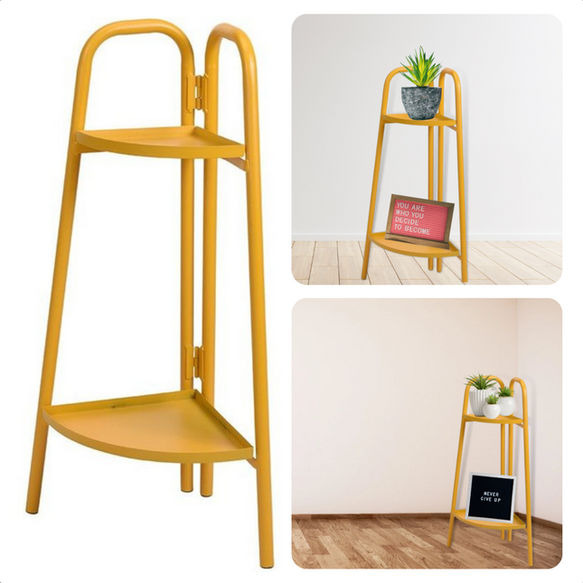 Cheqo® Metalen Plantenrek 70cm - Plantenstandaard - Plantentrap Hoekmodel - Bloemenrek - Licht Geel - 26x26cm - Hoogte 70cm - Hoekmodel - Scharnier - Gepoedercoat Frame Plantenrek