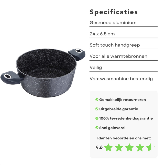 Cheqo® Hapjespan - Braadpan - 24cm - 4-Lagen Marmer Coating - PFOA-Vrij - Geen Lood/Cadmium - Soft Touch Handgreep - Vaatwasmachine Bestendig - Alle Warmtebronnen Inclusief Inductie Braadpan