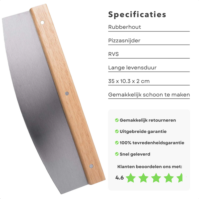 Cheqo® Pizzasnijder - Pizzames - Wiegmes - RVS - Rubberhout Handvat - 35x10.3x2cm - Makkelijk Schoon te Maken Pizzasnijder