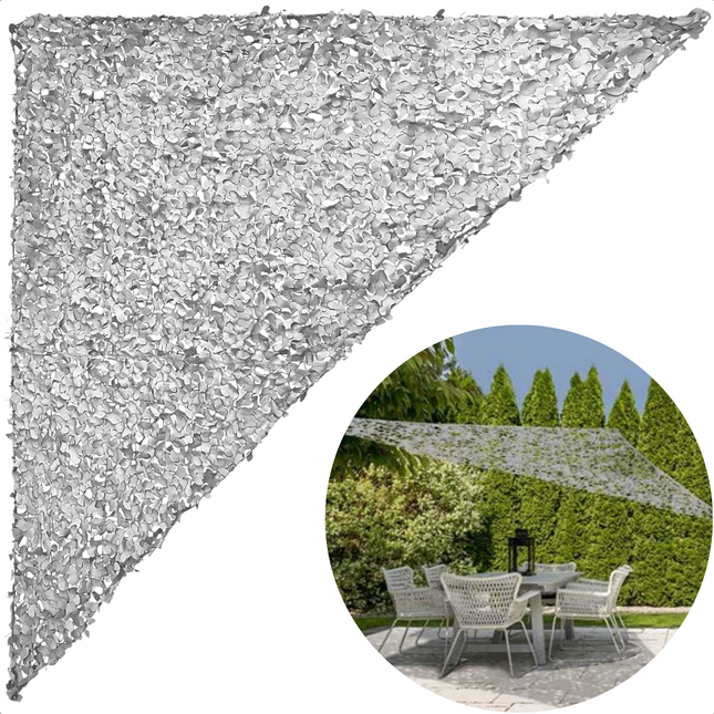 Cheqo® Schaduwdoek Camouflage - Camouflagenet - Camouflage Net - Buitennet - Driehoek 360x360x360cm - Lichtgrijs - 210D Polyester - 3x 3.50m Touw - Met Afsluitbare Draagzak Schaduwdoek