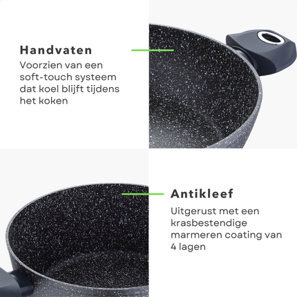 Cheqo® Braadpan - Casserolepan - 24cm - Alle Warmtebronnen - Ook voor Inductie - Vervaardigd uit gesmeed aluminium - 4-laags marmer coating - Soft Touch handgrepen - PFOA-vrij - Vaatwasmachine bestendig Braadpan