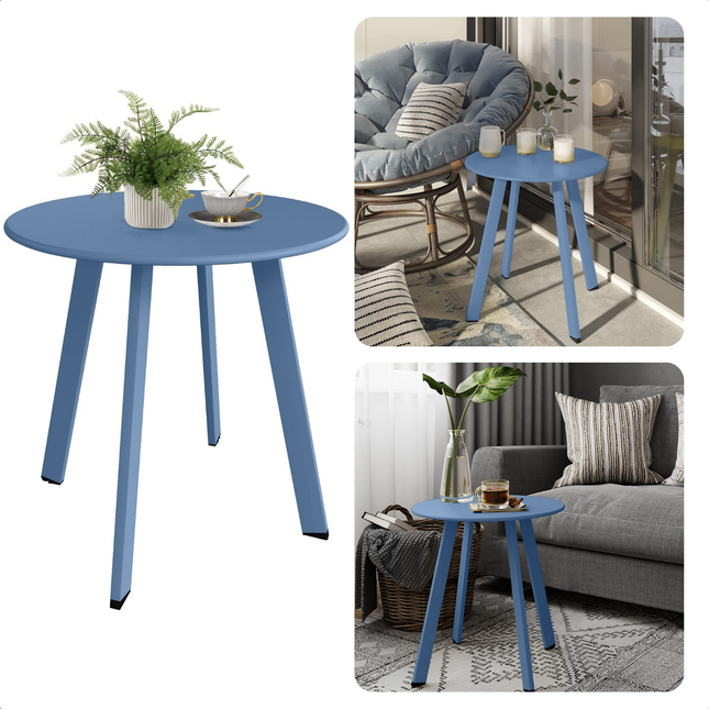 Cheqo® - Tafel Metaal - Mat Blauw - Tafel - 50cm Diameter - 45cm Hoogte - Tafeltje - Tuintafel - Bijzettafel voor Binnen en Buiten - Nachtkastje - Voor Woonkamer - Slaapkamer - Eetkamer - Studeerkamer - Salontafel - Plantentafel - Tijdloos Design Bijzettafel