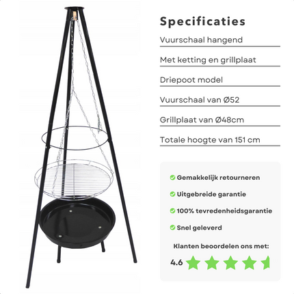 Cheqo® Vuurschaal Hangend met Grilrooster - Driepoot Model - Staal - 52cm Diameter - Grillplaat - 151cm Hoogte - Met Ketting & Grillplaat Vuurschaal