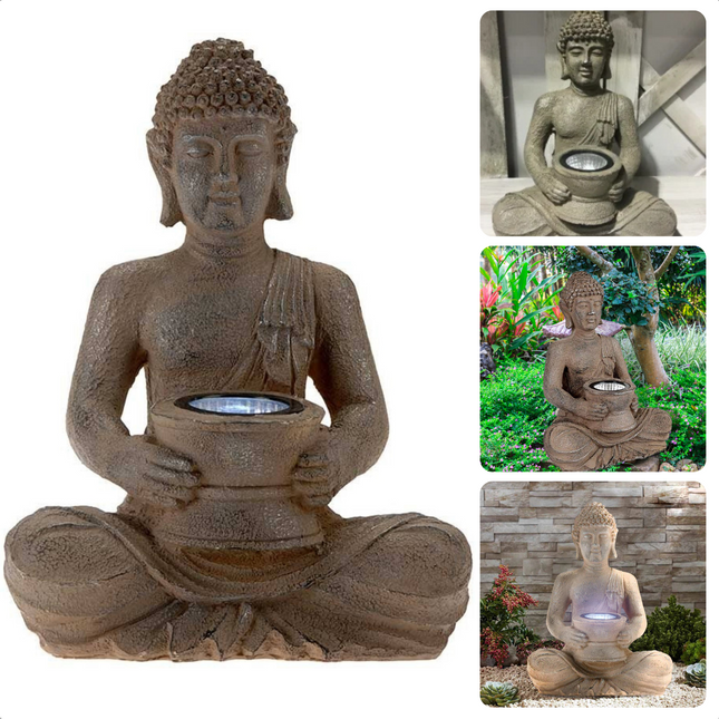 Cheqo® Zittende Boeddha Beeld 28cm - Boeddhabeeld - Buddha Beeld - Solar Tuinbeeld - Polystone - LED-lamp - Aan/Uit Functie Boeddhabeelden