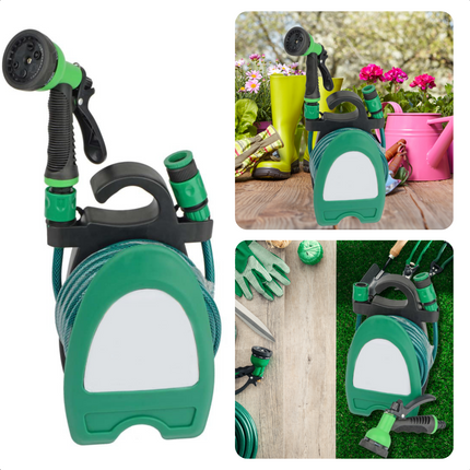 Cheqo® Flexibele Tuinslang Set 10m - PVC - 3/8" Verstelbaar Sproeipistool - 6 standen - 2 snelkoppelingen - Met adapter - Met Wandhouder - Wandhaspel Tuinslang