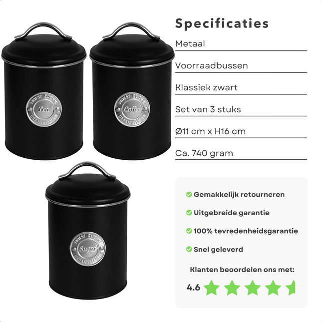 Cheqo® Voorraadbussen Zwart - Voorraadpotten - voorraaddozen  - Set van 3 stuks - Sugar, Tea, Coffee - 16cm Hoogte, 11cm Diameter - Metaal met Zwarte Matte Coating - 740g Gewicht Voorraadbussen