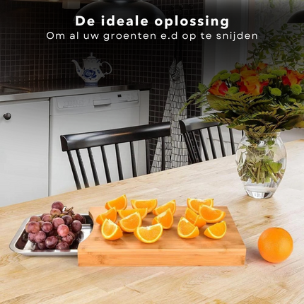 Cheqo® Bamboe Snijplank met Opvangbak - RVS Opvangschaal - Groente Snijden - 33x24x4cm Snijplank