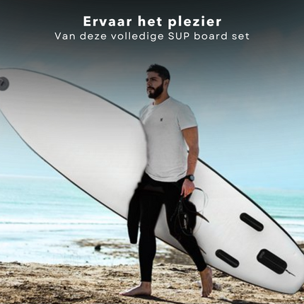 Cheqo® Complete SUP-Set - Opblaasbaar SUP Board - Stand Up Paddle Board - 350x79x15cm - EVA Grip - Double Layer - 150kg Belastbaar - Afneembare Vin - Aluminium Peddel - Handige Tas - Grote Pomp - Surf-Leash - 15kg SUP Board