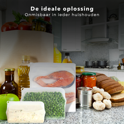 Cheqo® Siliconen Vershoudzak - Diepvrieszak - Boterhamzakje Herbruikbaar - 470ml - 100% Platinum Siliconen - Vaatwasserbestendig - Temperatuurbestendig - BPA-Vrij - 18.5x3.2x15cm - Oven, Magnetron, Vriezer - Ook voor Sieraden, Make-up Boterhamzakjes