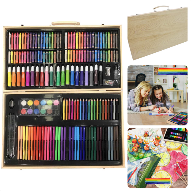 Cheqo® 180-delige Tekenset - Schilderset in Houten Koffer - Hobbyset - Tekenkoffer - Verfset - Schilderset - Tekendoos met Kleurpotloden en Waskrijt – Tekenkoffer – Tekenset Schilderpakket