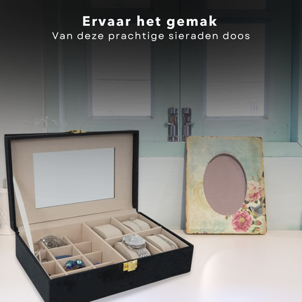 Cheqo® Sieradendoos - Juwelendoos - 25x16x7cm - Sieraden Organiser - Horlogebox - Horloge Doos - Zwart - Velvet - 16 Compartimenten - 12 Oorbellen/Ringen - 4 Armbanden/Horloges - Goudkleurige Sluiting Sieradendoos