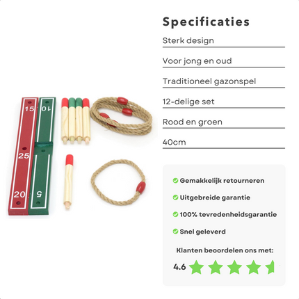 Cheqo® Houten Ringwerpspel - Touwringen - Werpspel - Buitenspel - Ringen Gooien - Ringen Werpen - 12-delig Vang- & Werpspellen
