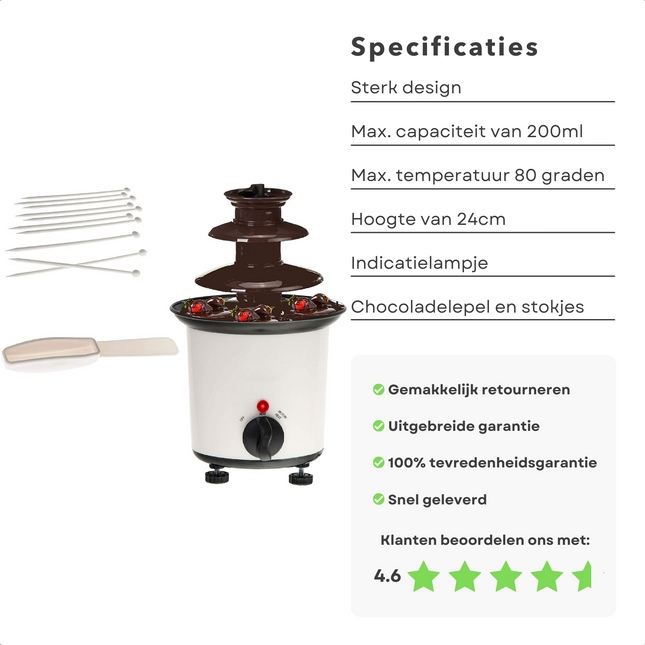 Cheqo® Chocolade Fontein - Chocoladefontein - Chocolade Fondue - 200ml - 80°C - 24cm - Indicatielampje - Met Chocoladelepel en Dompelstokjes Chocoladefonteinen